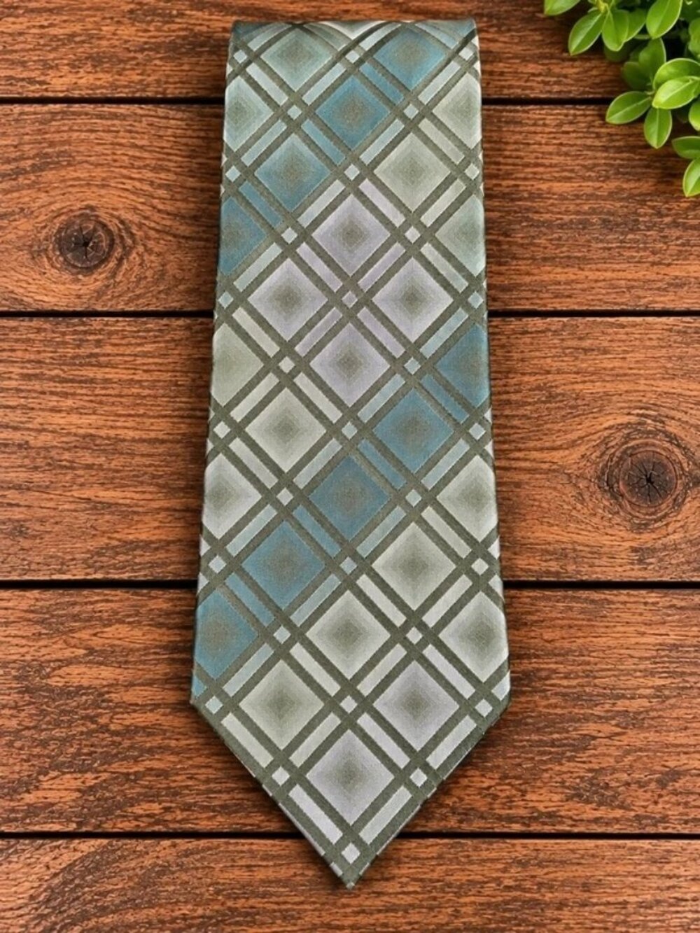 Van Heusen Men’s Tie Sage Green Blue Gray Geometric Plaid Stain Resistant